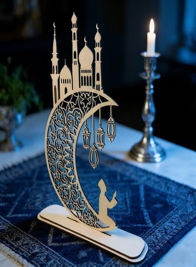 Curious Button 3D Ramadan Wooden Praying Figure Lantern Cutout | Eid Mubarak & Ramadan Kareem Islamic Tabletop Decor Gift - 9.84 x 7.87 Inch - Image 5